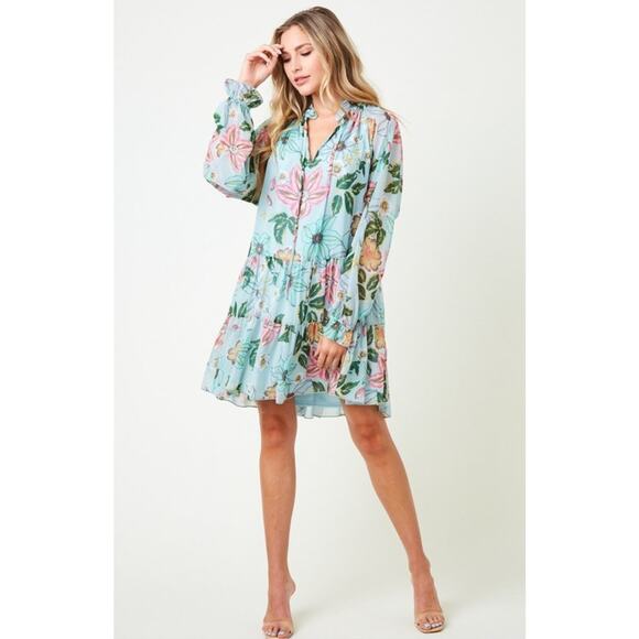 Saints & Hearts Dresses & Skirts - Saints & Hearts Blue Floral Long Sleeve Boho Flowy Soft Short Dress Medium